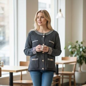 Elegant Black and White Cardigan Sweater